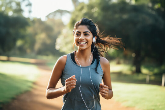 Young woman running and listening music at public park