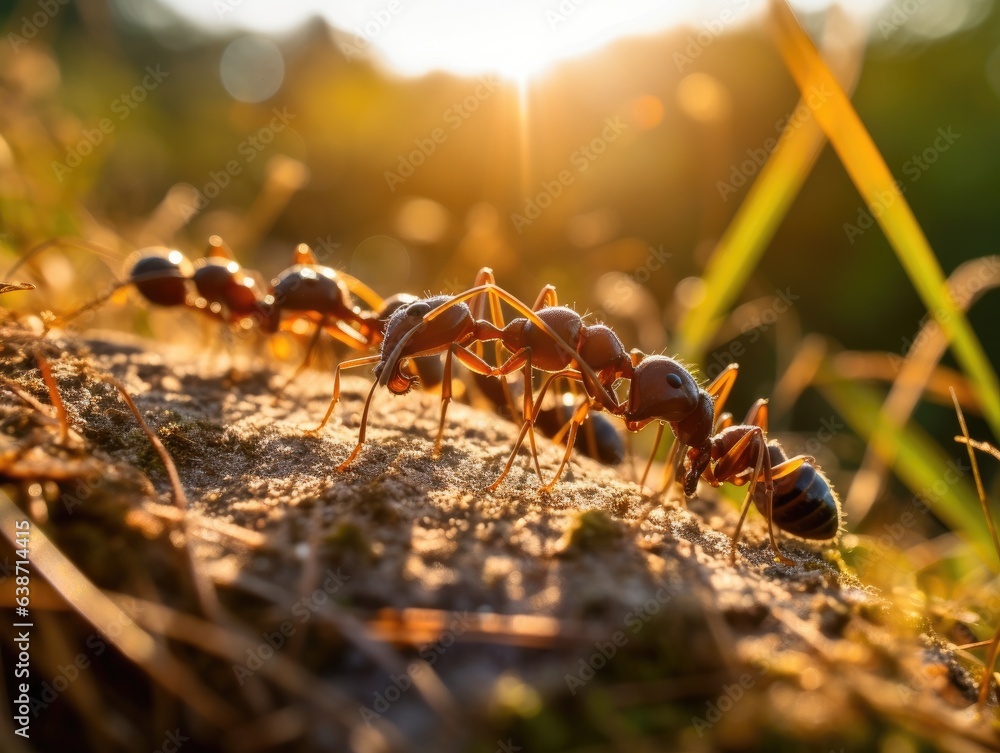 Poster a group of ants walking across a field. generative ai.
