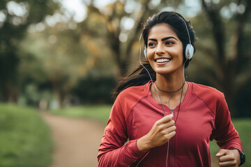 Young woman running and listening music at public park