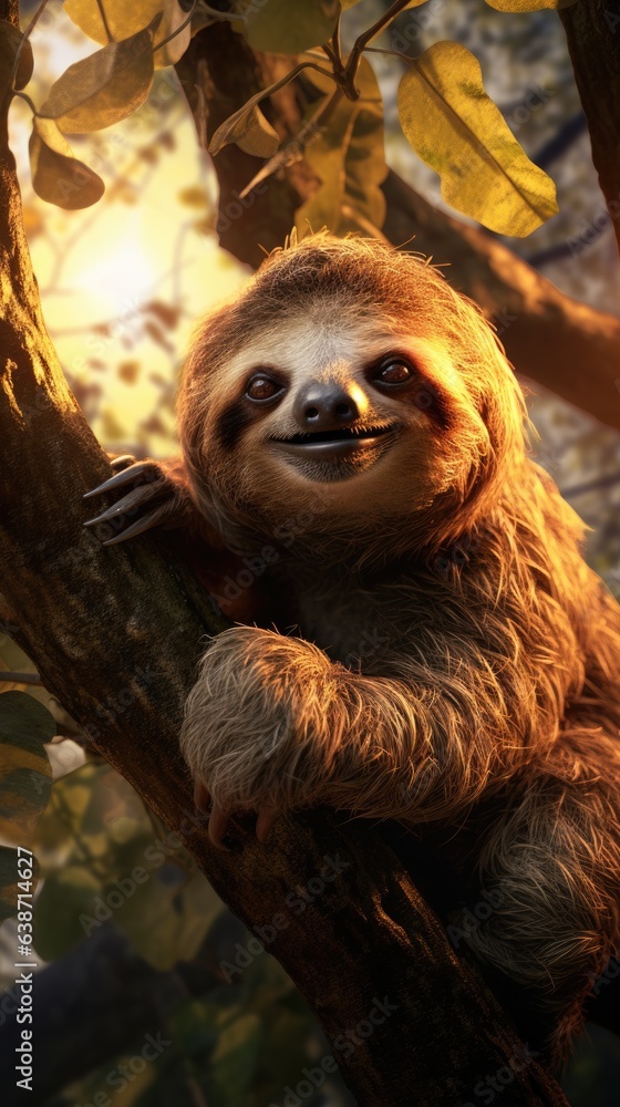 Poster a sloth is sitting in a tree and smiling. generative ai.