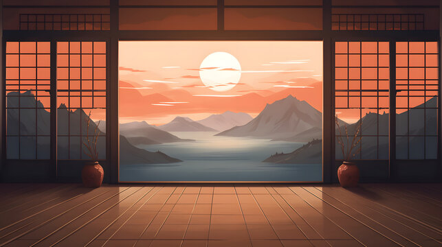 広々とした道場から見える山の風景