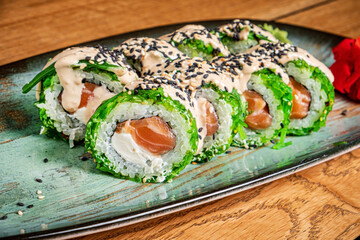 sushi set on wooden background