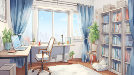 落ち着いた雰囲気の書斎の内観パース　水彩イラスト