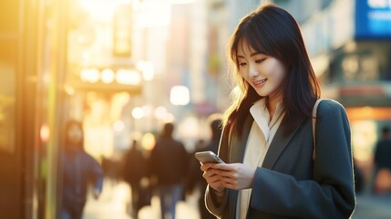 Asian woman talking on mobile phone in the city bokeh background