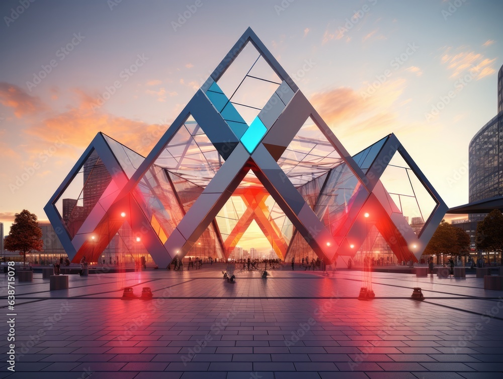 Poster a large triangular structure with red and blue lights. generative ai.