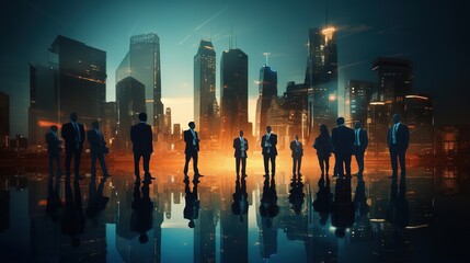Group of business people standing on building city background - obrazy, fototapety, plakaty