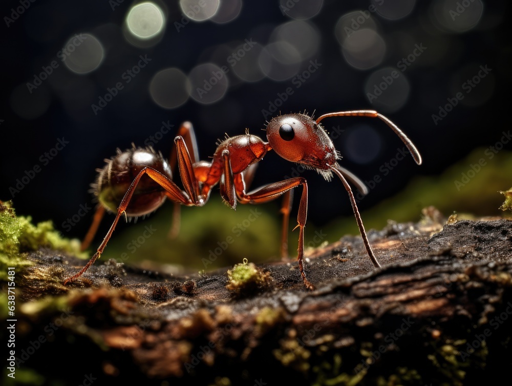 Poster a close up of an ant on a tree branch. generative ai.