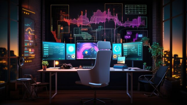 A computer desk with three monitors on it. Generative AI.