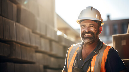 Portrait of happy construction bricklayer worker at construction site. Smiling bricklayer with safety vest and hat - obrazy, fototapety, plakaty