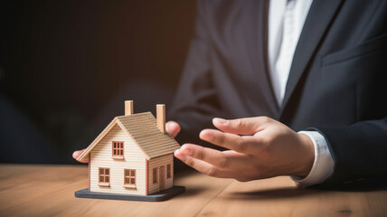 House model in home insurance broker agent ‘s hand or in salesman person.generative ai