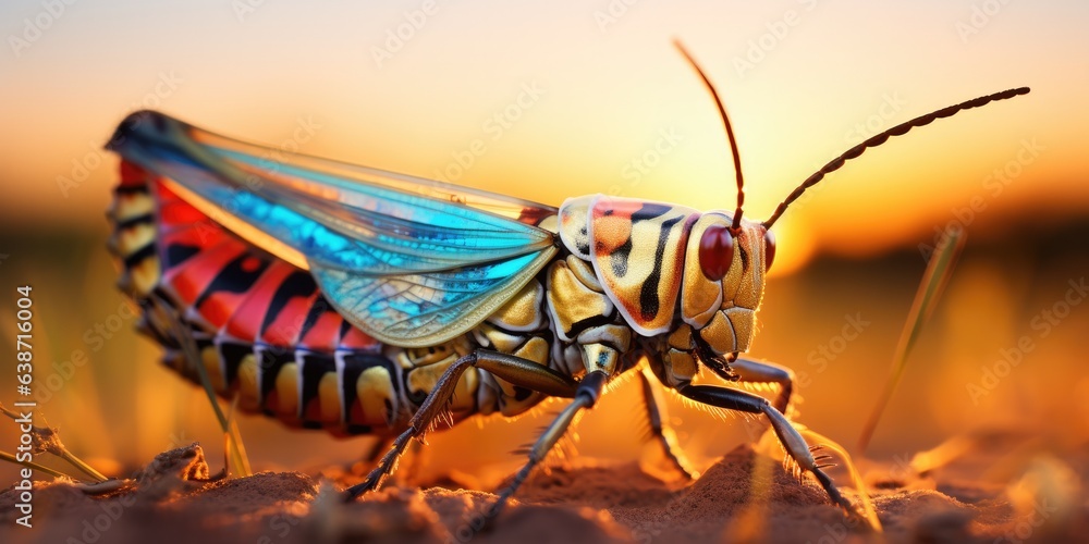 Aufkleber a close up of a colorful grasshopper on the ground. generative ai.