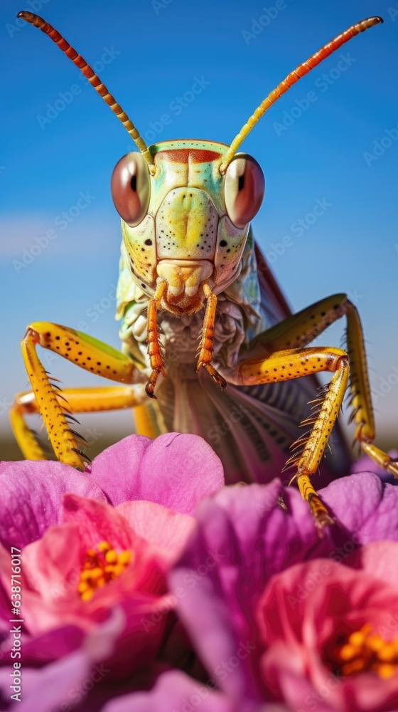 Aufkleber a close up of a grasshopper with flowers in the background. generative ai.