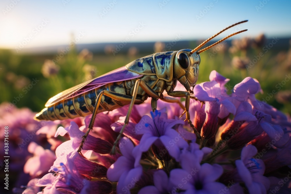 Poster a close up of a grasshopper on a flower. generative ai.
