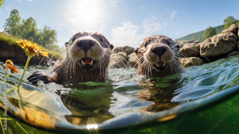 Poster two otters in the water with their mouths open. generative ai.