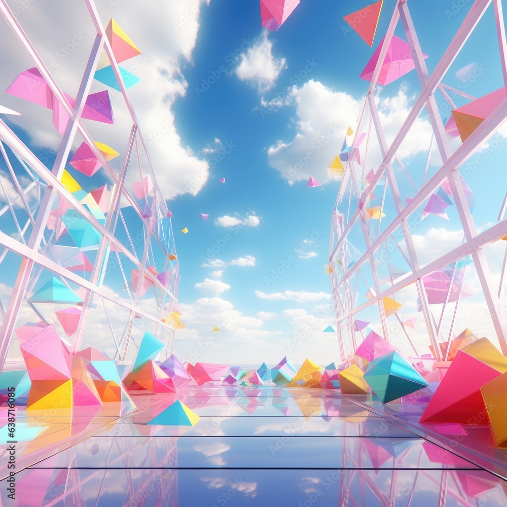 Poster a room filled with lots of different colored triangles. generative ai.