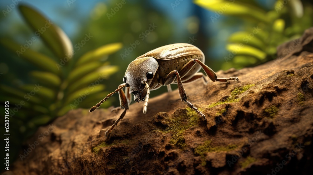 Poster a bug that is standing on a rock. generative ai.