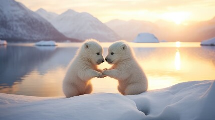 Two white polar bears touching hands in the snow. Generative AI. - Powered by Adobe