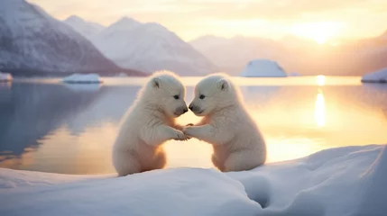 Fototapeten Two white polar bears touching hands in the snow. Generative AI. © serg3d