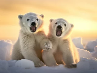 Keuken spatwand met foto Two polar bears sitting in the snow with their mouths open. Generative AI. © serg3d
