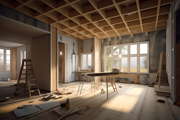 Interior unfinished house room is under construction with a rough finish, Renovation building. Room under construction with large windows