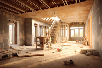 Fototapeta premium Interior unfinished house room is under construction with a rough finish, Renovation building. Room under construction with large windows