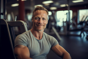Obraz premium Portrait of muscular men in gym smiling, standing confident with crossed his arms. Happy smile, athlete building muscle and healthy weight lifting for strength