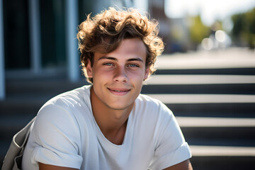 Portrait of young handsome man with curly hair sitting in the university. Attractive college student smiling and looking at camera