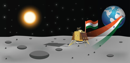 Vikram lander Indian Moon mission Land successful vector poster with indian flag ribbon earth and sun space mission