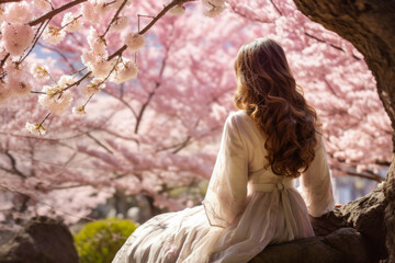 Fototapeta na wymiar Peaceful young woman next to a sakura tree. Generative AI.