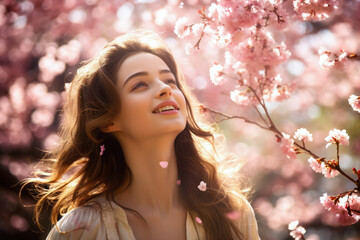 Peaceful young woman next to a sakura tree. Generative AI.