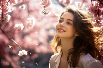 Fototapeta premium Peaceful young woman next to a sakura tree. Generative AI.