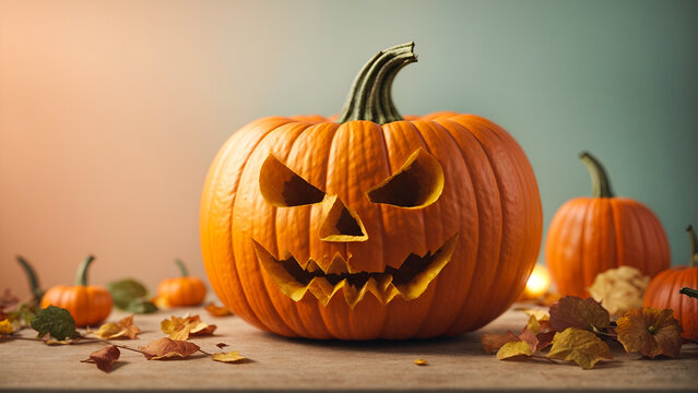 Scary Halloween pumpkin on wooden counter with autumn leaves