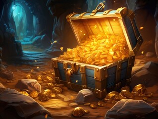 An open Treasure Chest filled with a lot of gold coins in a cave