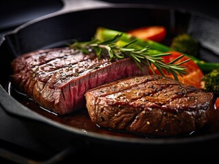 Steak in a frying pan, close-up shot