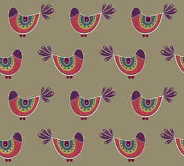 bird graphic drawing illustration fabric pattern backdrop bird shape shape decorative pattern free curve repeat alternate rows purple orange dull green background blended brown