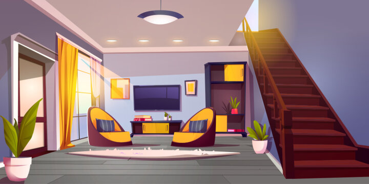 Living room with TV in modern house. Vector cartoon illustration of home interior, armchairs and carpet on wooden floor, books on table, picture frames on wall, stairscase, morning sunlight in window