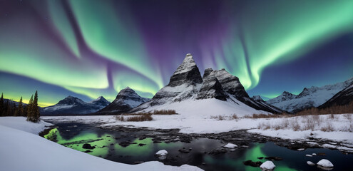 a beautiful view of the aurora over a mountain range and a river in the foreground with a green and purple aurora above,Generative AI - 638718817