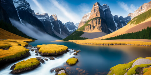 a mountain lake surrounded by green grass and rocks with a mountain range in the background and clouds in the sky,Generative AI - 638718819