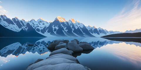 a mountain range is reflected in a still lake with rocks and boulders in the foreground and a blue sky with clouds, minimalism, Generative AI - 638718829