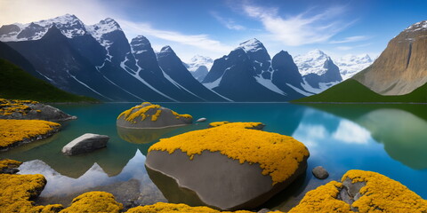 a mountain range with a lake surrounded by yellow moss and rocks in the foreground and a mountain range in the background,Generative AI - 638718878