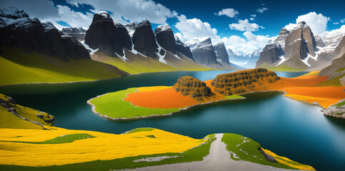 a mountain lake surrounded by yellow flowers and grass with a blue sky with clouds and mountains in the background, Generative AI - 638718897
