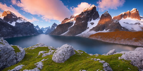 a mountain range with a lake surrounded by rocks and grass in the foreground and a few snow capped mountains in the background,Generative AI - 638719002