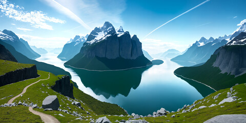 a scenic view of a mountain lake and mountains with a path going through it and a sky line in the background,Generative AI - 638719076