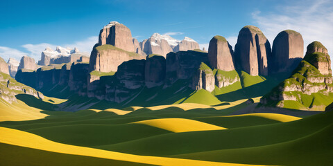 a mountain range with a blue sky in the background and a yellow field in the foreground,Generative AI - 638719227