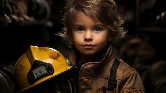 a child in a firefighter uniform and helmet