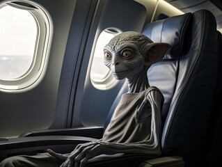 a slim grey alien view from back is sitting in a plane