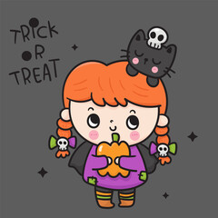 halloween witch girl with cat kitten card