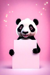 An illustration of a panda bear holding up a blank sign set against a pink background. 