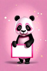 An illustration of a panda bear holding up a blank sign set against a pink background. 