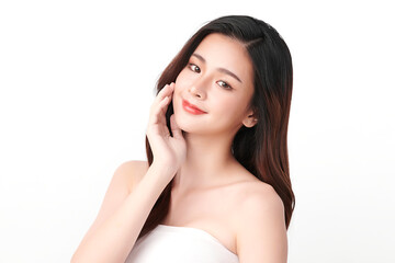 Beautiful young asian woman with clean fresh skin on white background, Face care, Facial treatment, Cosmetology, beauty and spa, Asian women portrait.